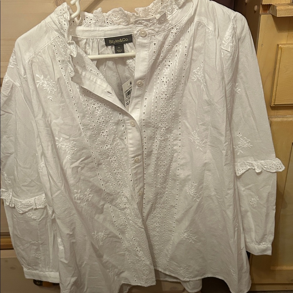 Style & Co. White Lace-Trim Blouse